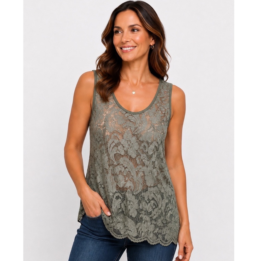 BKE Women Large Olive Green Floral Lace Sheer Shimmer Tank Top Boho Blouse Fairy